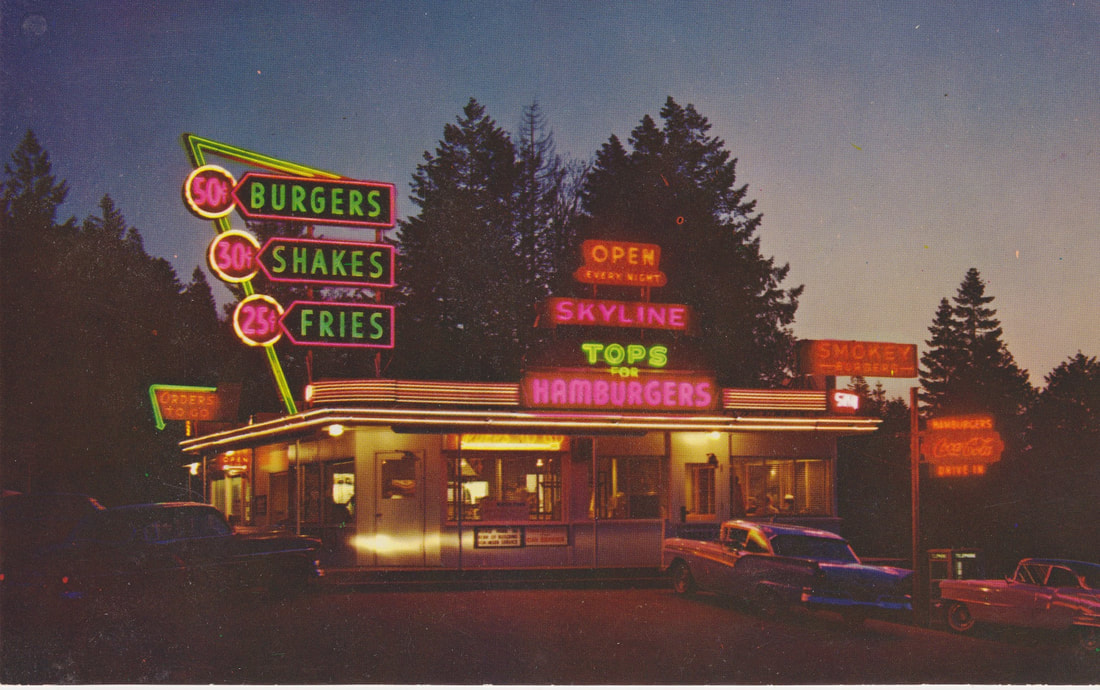 nightime neon burgers shakes fries skyline tops for hamburgers